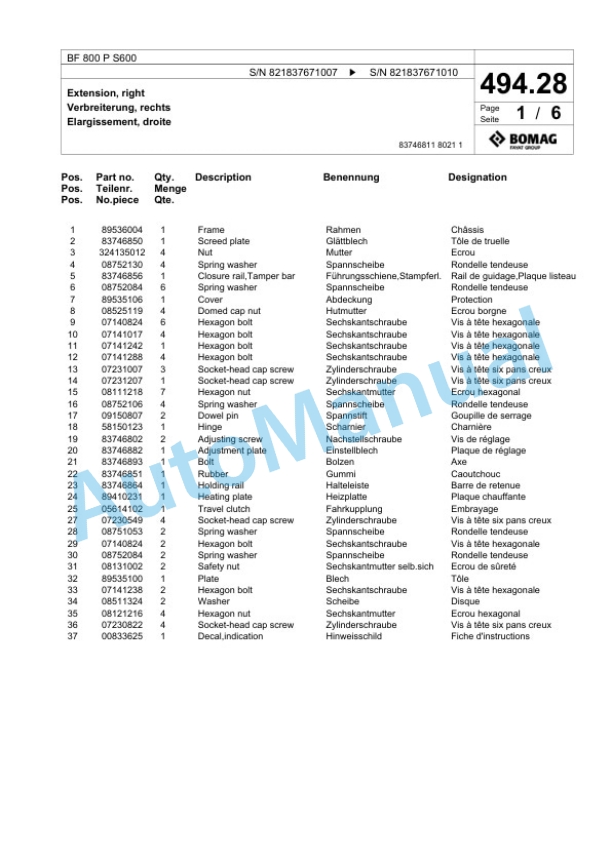 Bomag BF 800 P S600 Paver Spare Parts Catalogue 00800881 2 Bomag BF 800 P S600 Paver Spare Parts Catalogue 00800881-2