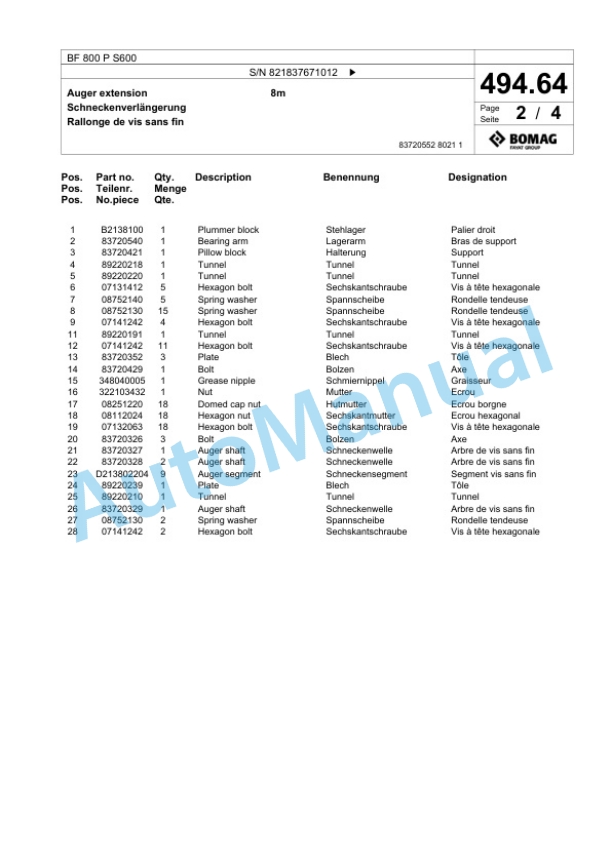 Bomag BF 800 P S600 Paver Spare Parts Catalogue 00800881 3 Bomag BF 800 P S600 Paver Spare Parts Catalogue 00800881-3