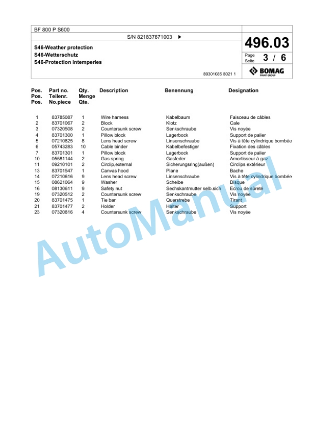 Bomag BF 800 P S600 Paver Spare Parts Catalogue 00800881 4 Bomag BF 800 P S600 Paver Spare Parts Catalogue 00800881-4