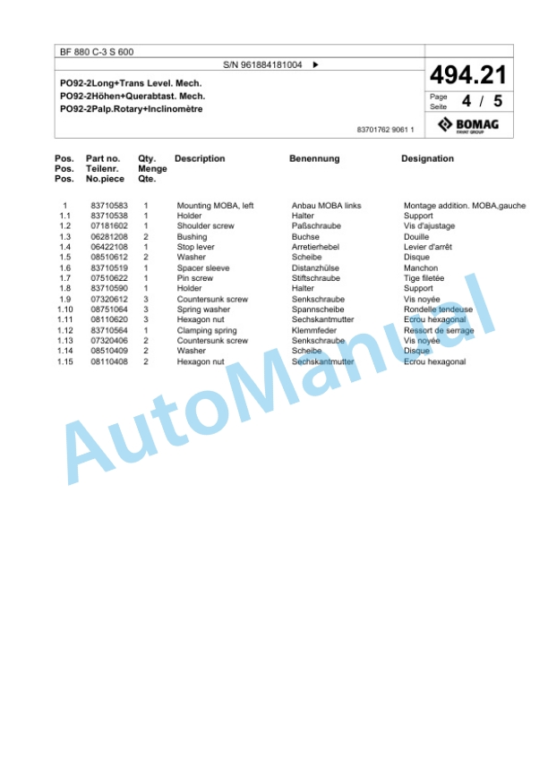 Bomag BF 880 C-3 S 600 Paver Spare Parts Catalogue 00826635 2 Bomag BF 880 C-3 S 600 Paver Spare Parts Catalogue 00826635-2