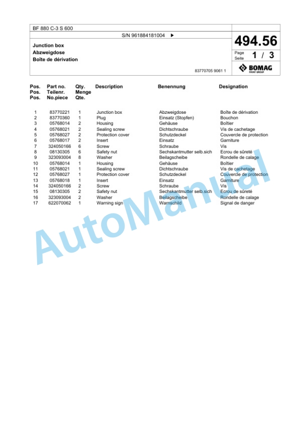 Bomag BF 880 C-3 S 600 Paver Spare Parts Catalogue 00826635 3 Bomag BF 880 C-3 S 600 Paver Spare Parts Catalogue 00826635-3