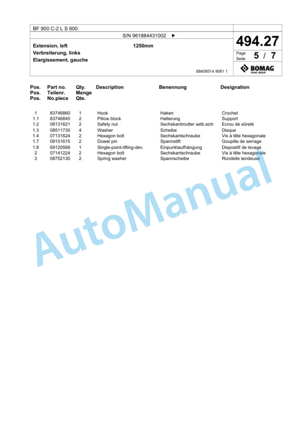 Bomag BF 900 C-2 L S 600 Paver Spare Parts Catalogue 00827135 2 Bomag BF 900 C-2 L S 600 Paver Spare Parts Catalogue 00827135-2
