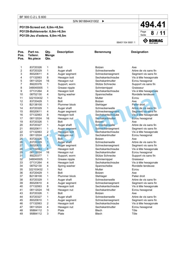 Bomag BF 900 C-2 L S 600 Paver Spare Parts Catalogue 00827135 3 Bomag BF 900 C-2 L S 600 Paver Spare Parts Catalogue 00827135-3