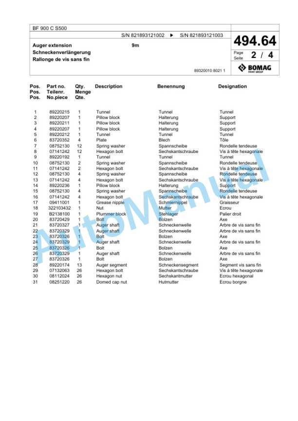 Bomag BF 900 C S500 Paver Spare Parts Catalogue 00800821 3 Bomag BF 900 C S500 Paver Spare Parts Catalogue 00800821-3