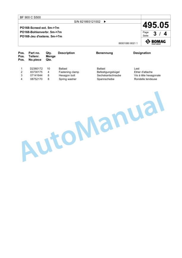 Bomag BF 900 C S500 Paver Spare Parts Catalogue 00800821 4 Bomag BF 900 C S500 Paver Spare Parts Catalogue 00800821-4