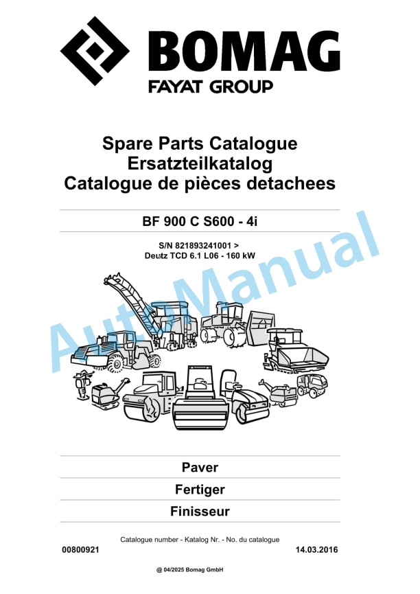 Bomag BF 900 C S600 - 4i Paver Spare Parts Catalogue 00800921