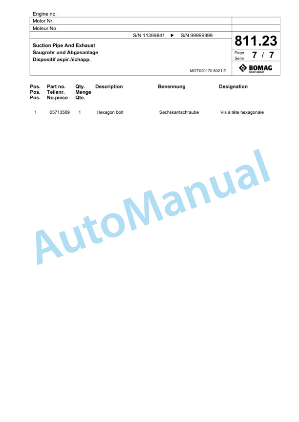 Bomag BF 900 C S600 - 4i Paver Spare Parts Catalogue 00800921 5 Bomag BF 900 C S600 - 4i Paver Spare Parts Catalogue 00800921-5