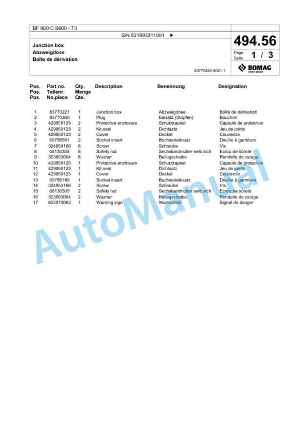 Bomag BF 900 C S600 - T3 Paver Spare Parts Catalogue 00800943 2 Bomag BF 900 C S600 - T3 Paver Spare Parts Catalogue 00800943-2