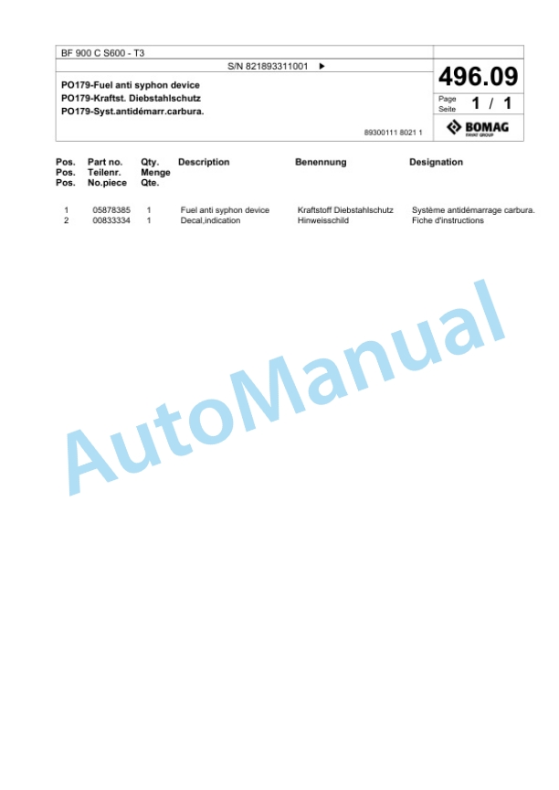 Bomag BF 900 C S600 - T3 Paver Spare Parts Catalogue 00800943 3 Bomag BF 900 C S600 - T3 Paver Spare Parts Catalogue 00800943-3