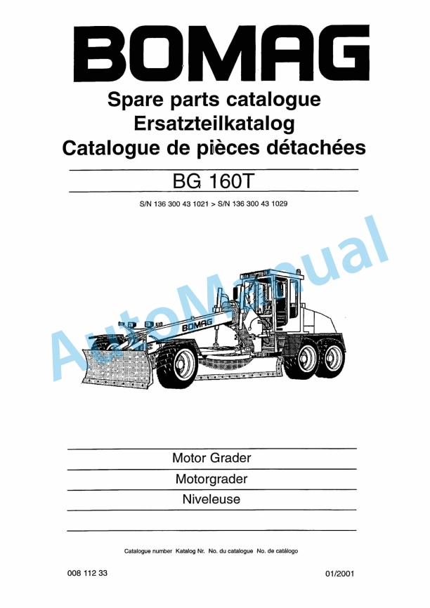 Bomag BG 160T Motor Grader Spare Parts Catalogue 00811233