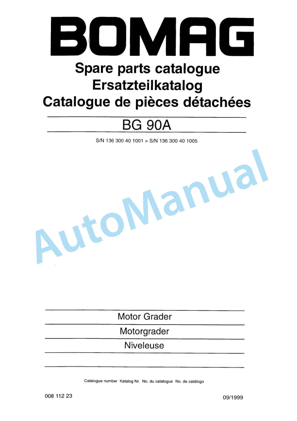 Bomag BG 90 A Motor Grader Spare Parts Catalogue 00811223