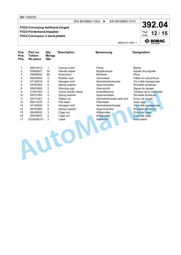 Bomag BM 1000-20 Cold Milling Planer Spare Parts Catalogue 00826453 5 Bomag BM 1000-20 Cold Milling Planer Spare Parts Catalogue 00826453-5