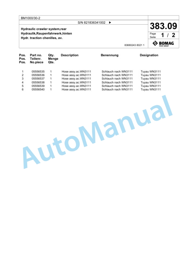 Bomag BM 1000-30-2 Cold Milling Planer Spare Parts Catalogue 00800665 3 Bomag BM 1000-30-2 Cold Milling Planer Spare Parts Catalogue 00800665-3