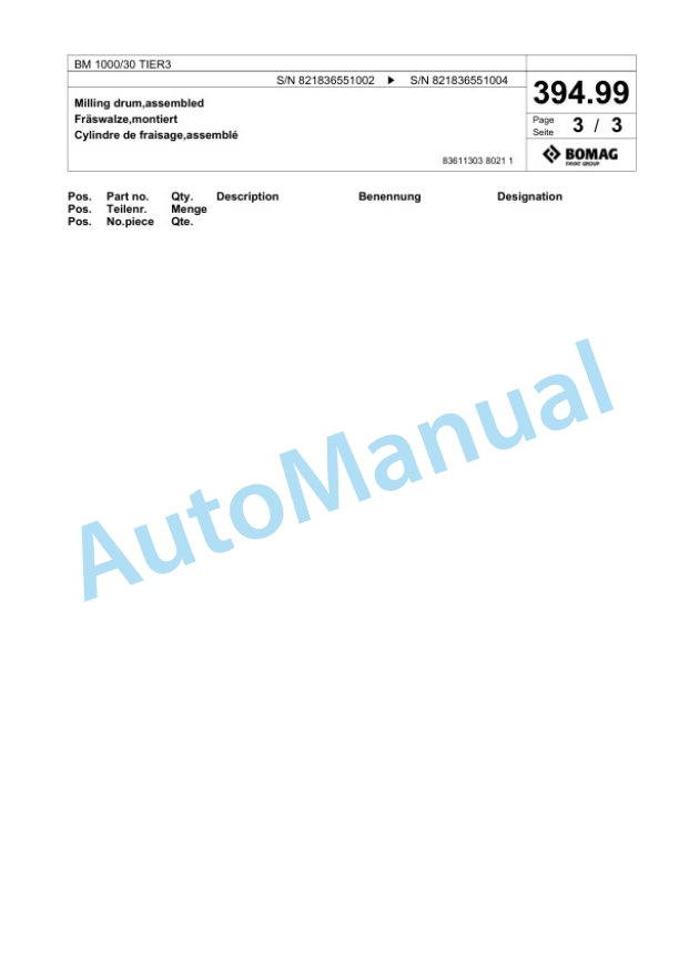 Bomag BM 1000-30 TIER3 Cold Milling Planer Spare Parts Catalogue 00825091 4 Bomag BM 1000-30 TIER3 Cold Milling Planer Spare Parts Catalogue 00825091-4