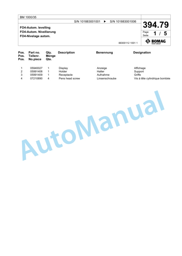 Bomag BM 1000-35 Cold Milling Planer Spare Parts Catalogue 00824229 5 Bomag BM 1000-35 Cold Milling Planer Spare Parts Catalogue 00824229-5