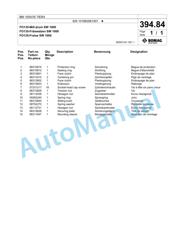 Bomag BM 1000-35 TIER4 Cold Milling Planer Spare Parts Catalogue 00824795 5 Bomag BM 1000-35 TIER4 Cold Milling Planer Spare Parts Catalogue 00824795-5