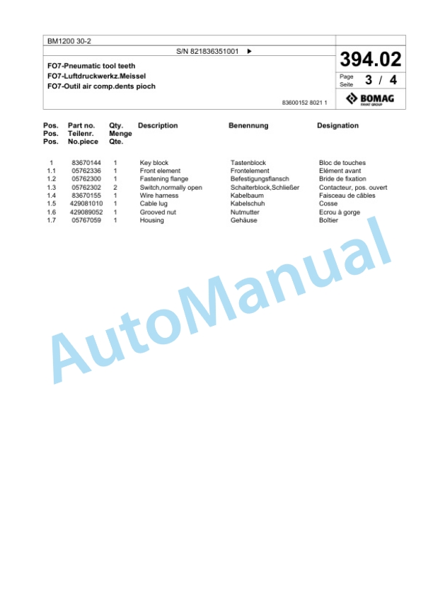 Bomag BM 1200 30-2 Cold Milling Planer Spare Parts Catalogue 00800669 4 Bomag BM 1200 30-2 Cold Milling Planer Spare Parts Catalogue 00800669-4
