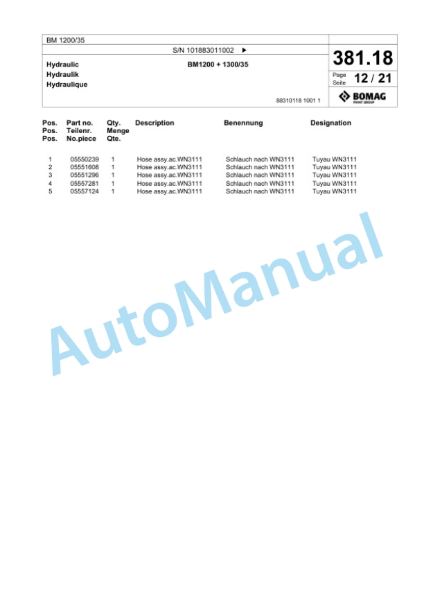 Bomag BM 1200-35 Cold Milling Planer Spare Parts Catalogue 00824533 3 Bomag BM 1200-35 Cold Milling Planer Spare Parts Catalogue 00824533-3