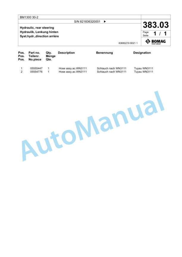 Bomag BM 1300 30-2 Cold Milling Planer Spare Parts Catalogue 00800675 3 Bomag BM 1300 30-2 Cold Milling Planer Spare Parts Catalogue 00800675-3
