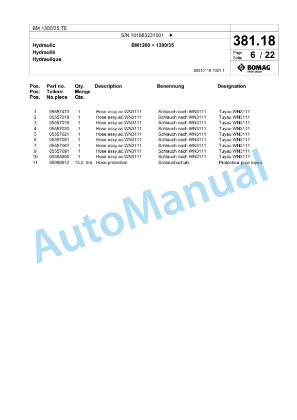 Bomag BM 1300-35 TE Cold Milling Planer Spare Parts Catalogue 00825879-2