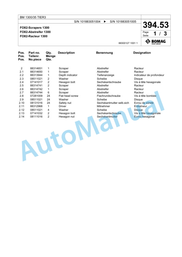 Bomag BM 1300-35 TIER3 Cold Milling Planer Spare Parts Catalogue 00824633-5