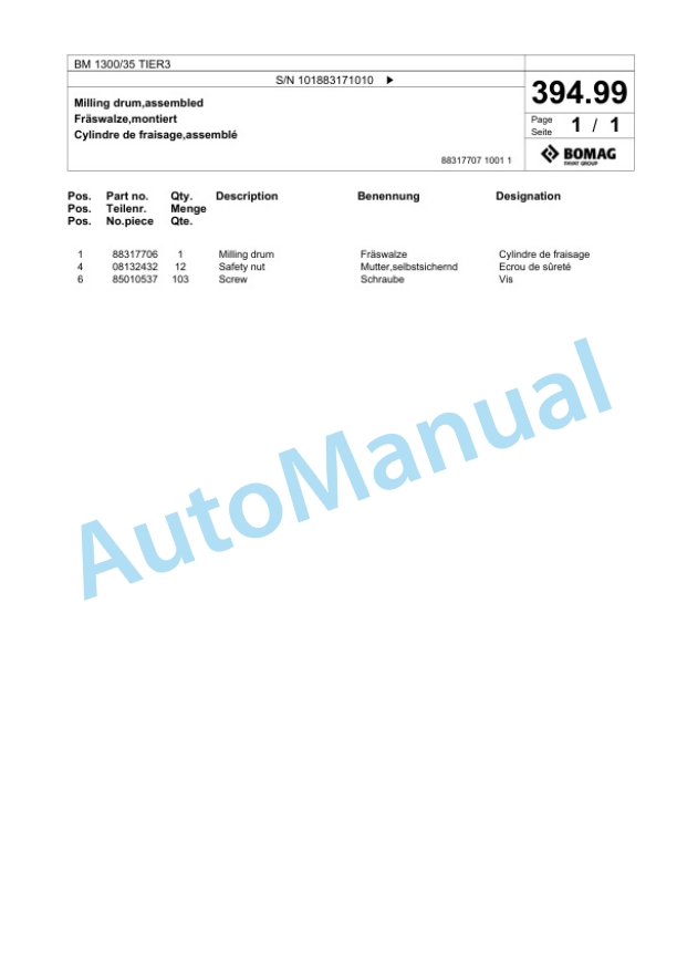 Bomag BM 1300-35 TIER3 Cold Milling Planer Spare Parts Catalogue 00825175-4