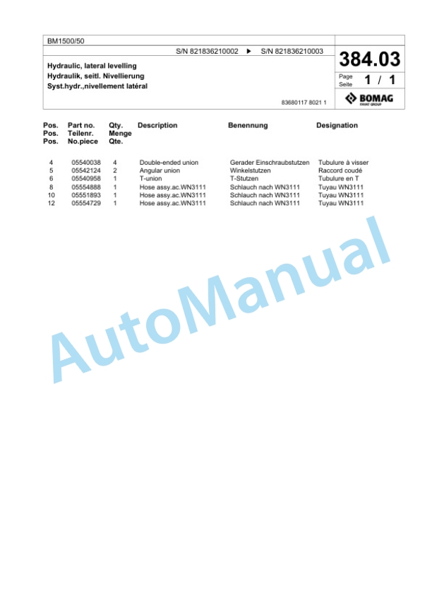 Bomag BM 1500-50 Cold Milling Planer Spare Parts Catalogue 00800627 4 Bomag BM 1500-50 Cold Milling Planer Spare Parts Catalogue 00800627-4