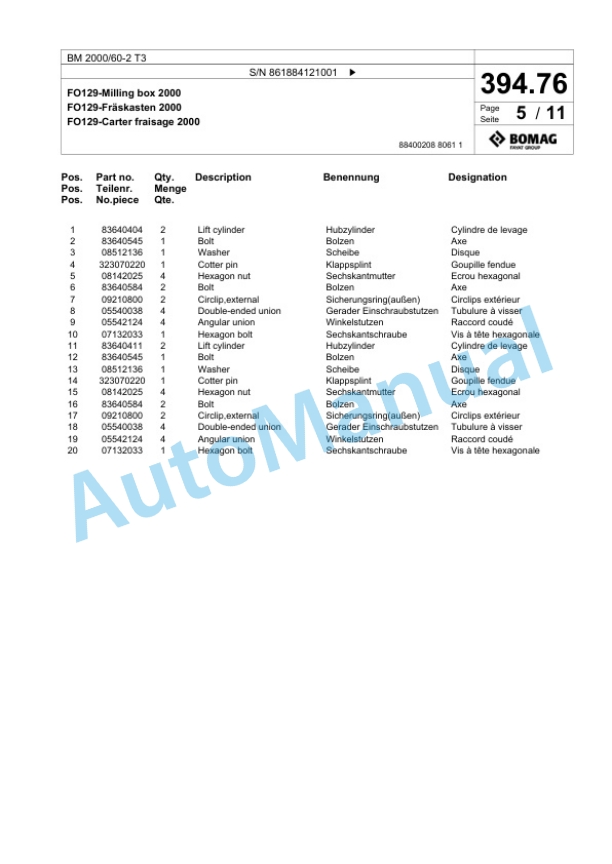 Bomag BM 2000-60-2 T3 Cold Milling Planer Spare Parts Catalogue 00825183 5 Bomag BM 2000-60-2 T3 Cold Milling Planer Spare Parts Catalogue 00825183-5