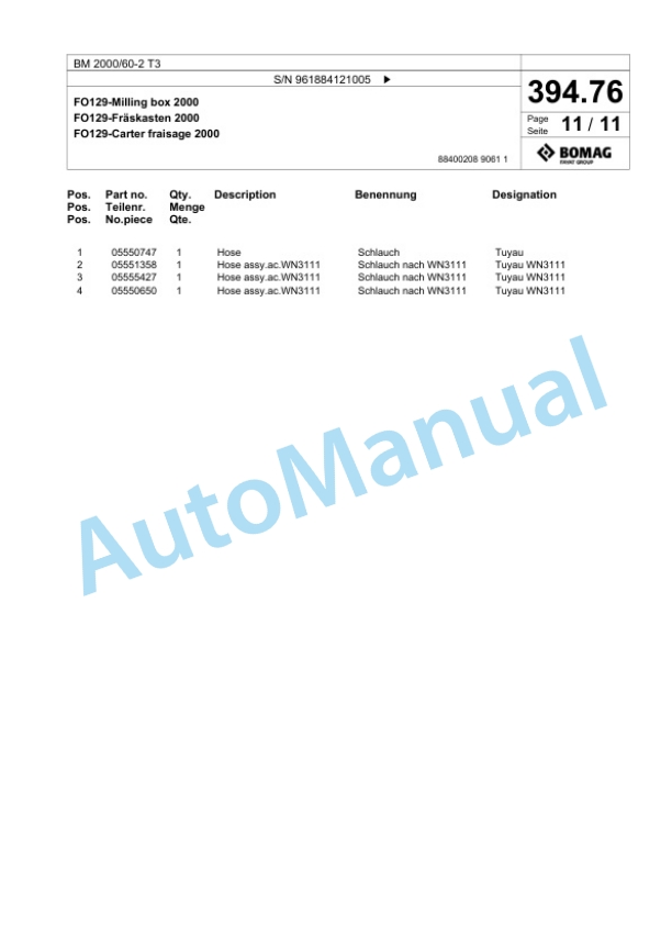 Bomag BM 2000-60-2 T3 Cold Milling Planer Spare Parts Catalogue 00826227 5 Bomag BM 2000-60-2 T3 Cold Milling Planer Spare Parts Catalogue 00826227-5
