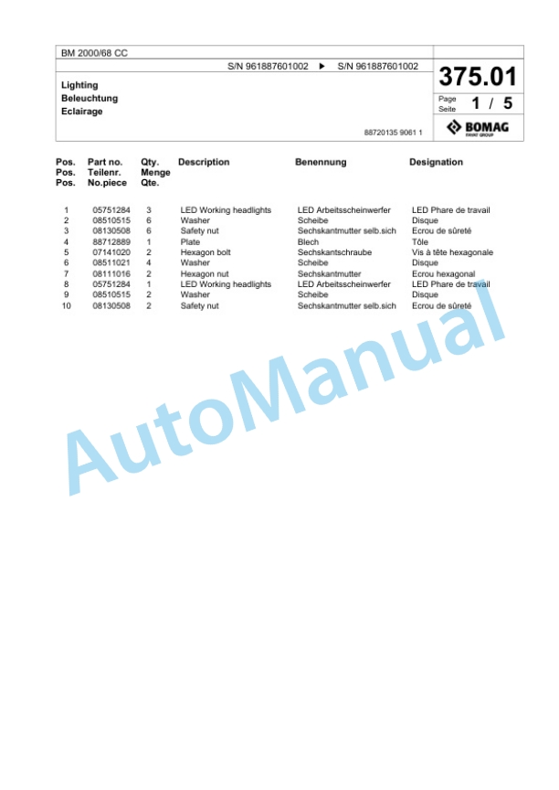 Bomag BM 2000-68 CC Cold Milling Planer Spare Parts Catalogue 00826831-2