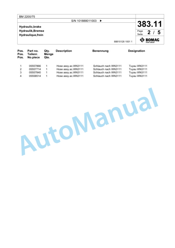 Bomag BM 2000-75 Cold Milling Planer Spare Parts Catalogue 00824801 3 Bomag BM 2000-75 Cold Milling Planer Spare Parts Catalogue 00824801-3