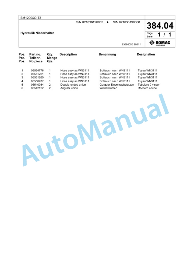 Bomag BM1200-30-T3 Cold Milling Planer Spare Parts Catalogue 00818427 3 Bomag BM1200-30-T3 Cold Milling Planer Spare Parts Catalogue 00818427-3