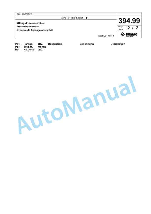 Bomag BM1300-35-2 Cold Milling Planer Spare Parts Catalogue 00826499 3 Bomag BM1300-35-2 Cold Milling Planer Spare Parts Catalogue 00826499-3