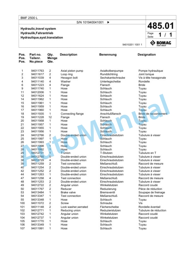 Bomag BMF 2500 L Feeder Spare Parts Catalogue 00825465 4 Bomag BMF 2500 L Feeder Spare Parts Catalogue 00825465-4