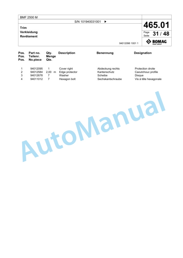 Bomag BMF 2500 M Feeder Spare Parts Catalogue 00825047 2 Bomag BMF 2500 M Feeder Spare Parts Catalogue 00825047-2