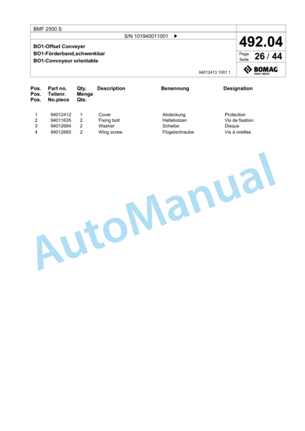 Bomag BMF 2500 S Feeder Spare Parts Catalogue 00825043 4 Bomag BMF 2500 S Feeder Spare Parts Catalogue 00825043-4