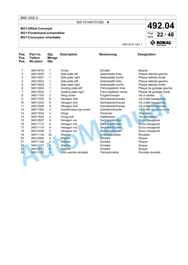 Bomag BMF 2500 S Feeder Spare Parts Catalogue 00825155 3 Bomag BMF 2500 S Feeder Spare Parts Catalogue 00825155-3