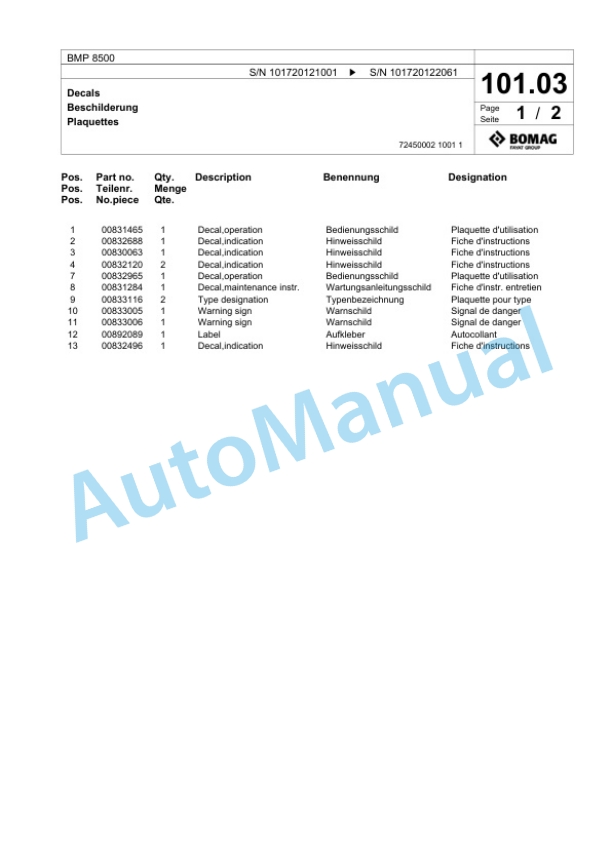 Bomag BMP 8500 Multi Purpose Compactor Spare Parts Catalogue 00824277 4 Bomag BMP 8500 Multi Purpose Compactor Spare Parts Catalogue 00824277-4