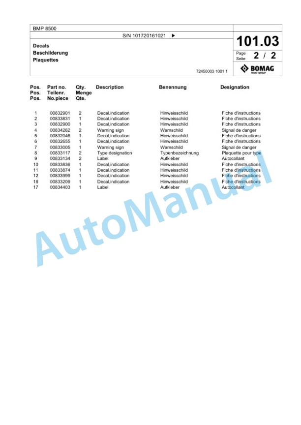 Bomag BMP 8500 Multi Purpose Compactor Spare Parts Catalogue 00826585 4 Bomag BMP 8500 Multi Purpose Compactor Spare Parts Catalogue 00826585-4
