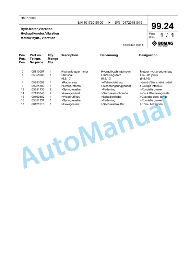 Bomag BMP 8500 Multi Purpose Compactor Spare Parts Catalogue 00827003-4