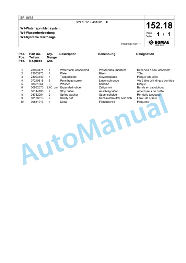 Bomag BP 10-35 Vibratory Plate Compactor Spare Parts Catalogue 00826111 5 Bomag BP 10-35 Vibratory Plate Compactor Spare Parts Catalogue 00826111-5