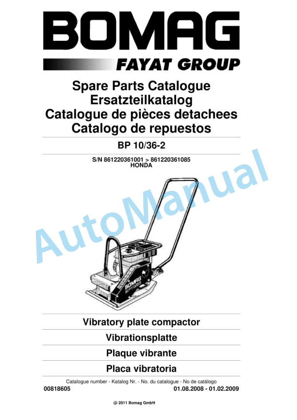 Bomag BP 10-36-2 Vibratory Plate Compactor Spare Parts Catalogue 00818605
