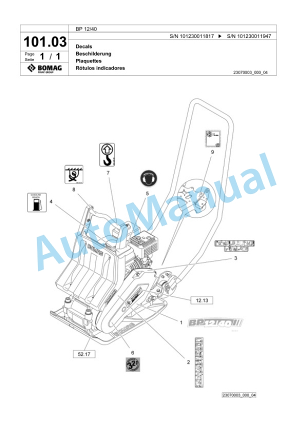 Bomag BP 12-40 Vibratory Plate Compactor Spare Parts Catalogue 00824065-4