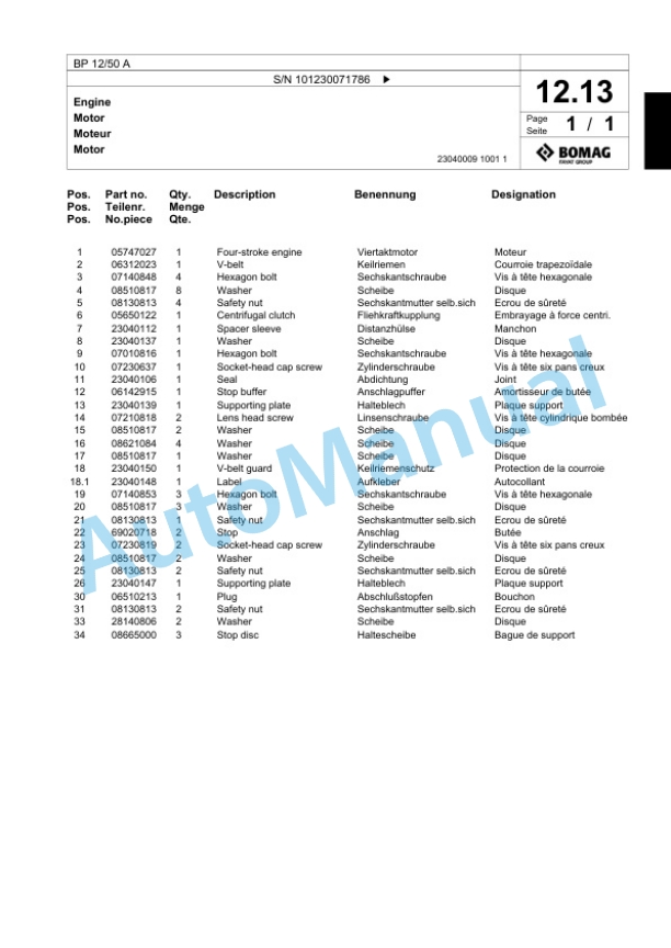 Bomag BP 12-50 A Vibratory Plate Compactor Spare Parts Catalogue 00824067 2 Bomag BP 12-50 A Vibratory Plate Compactor Spare Parts Catalogue 00824067-2