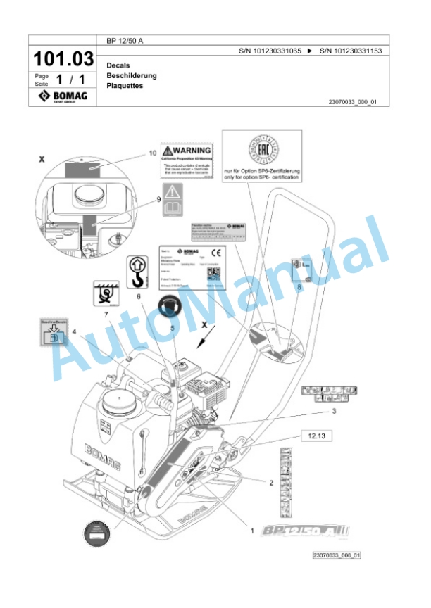 Bomag BP 12-50 A Vibratory Plate Compactor Spare Parts Catalogue 00825503 4 Bomag BP 12-50 A Vibratory Plate Compactor Spare Parts Catalogue 00825503-4