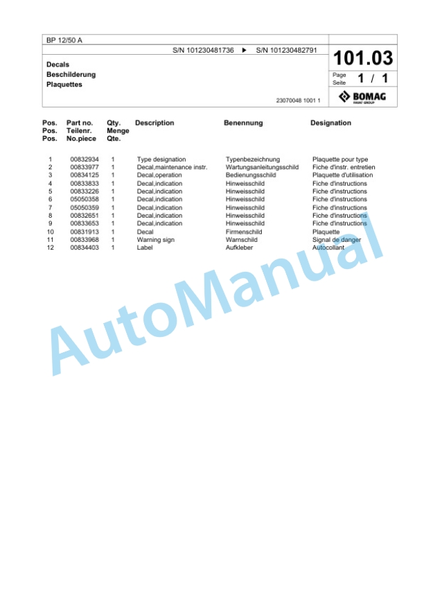 Bomag BP 12-50 A Vibratory Plate Compactor Spare Parts Catalogue 00826117 3 Bomag BP 12-50 A Vibratory Plate Compactor Spare Parts Catalogue 00826117-3