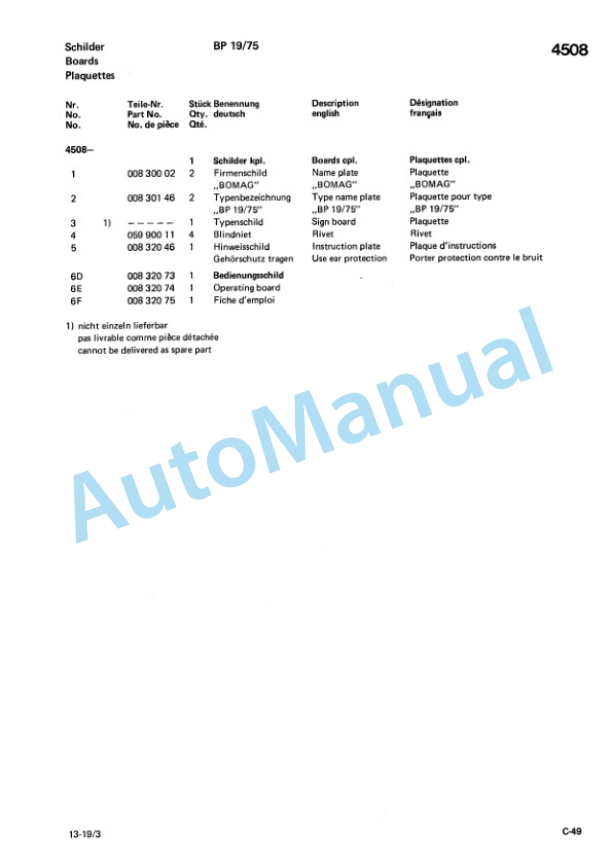 Bomag BP 13-29, BP 13-48, BP 19-48, BP 19-75 Vibration Plates Spare Parts Catalogue 00811800 GE-5