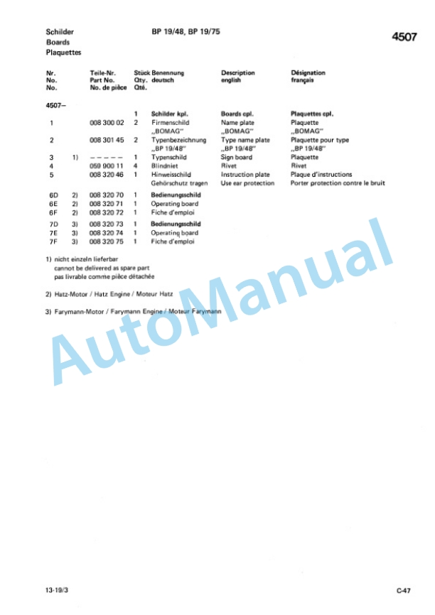 Bomag BP 13-29, BP 13-48, BP 19-48, BP 19-75 Vibration Plates Spare Parts Catalogue 00811802 FR-5