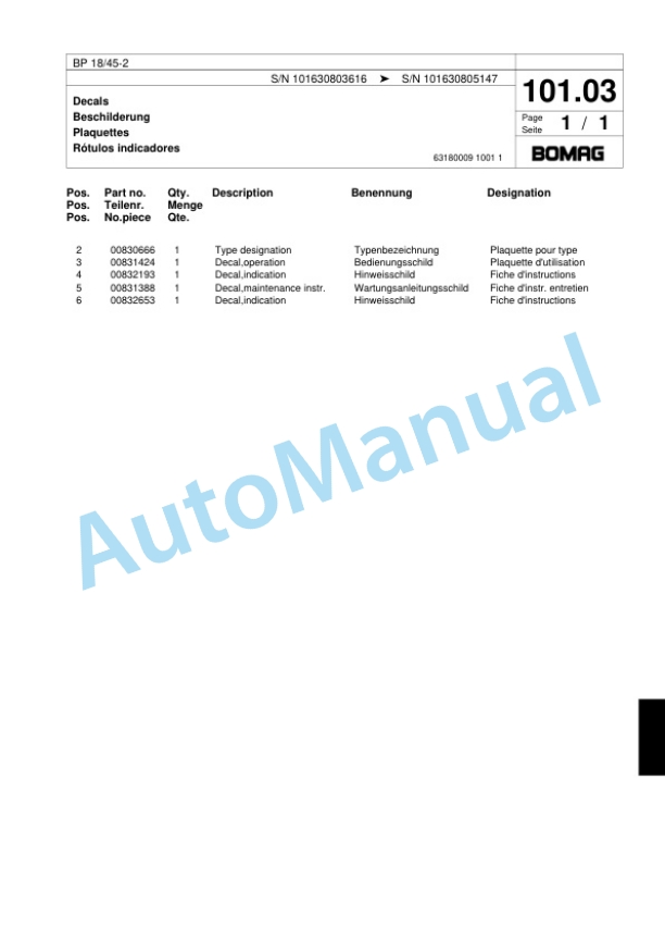 Bomag BP 18-45-2 Vibratory Plate Compactor Spare Parts Catalogue 00817420-5