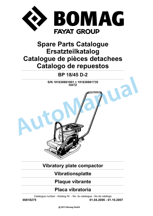 Bomag BP 18-45 D-2 Vibratory Plate Compactor Spare Parts Catalogue 00818275 1 Bomag BP 18-45 D-2 Vibratory Plate Compactor Spare Parts Catalogue 00818275